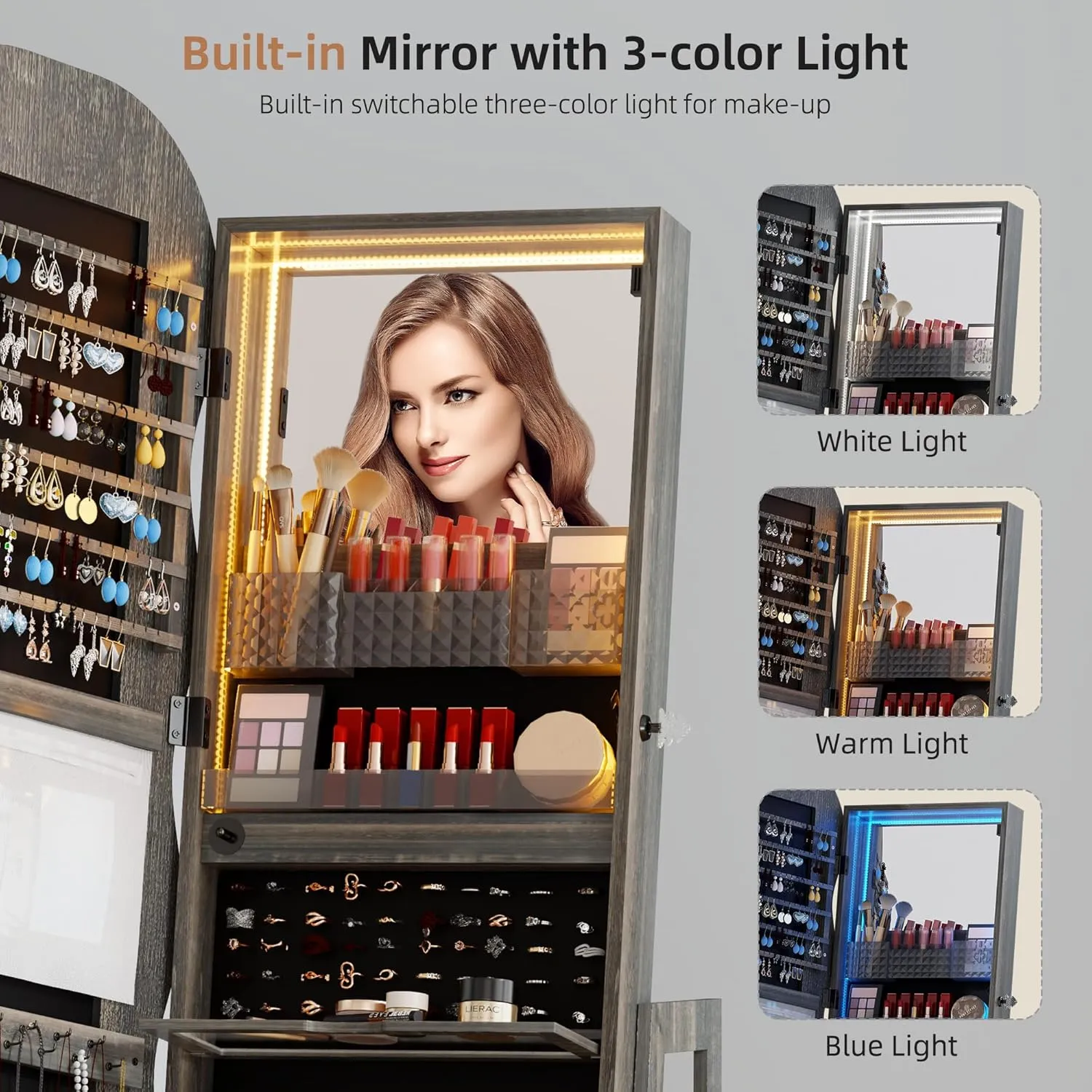 Lvifur 360 Swivel Jewelry Cabinet with Lights,LED Jewelry Organizer with Full Length Mirror, Lockable Wavy Mirror Jewelry Cabinet Standing with Rear Storage Shelves,Makeup Tray,Rustic Brown