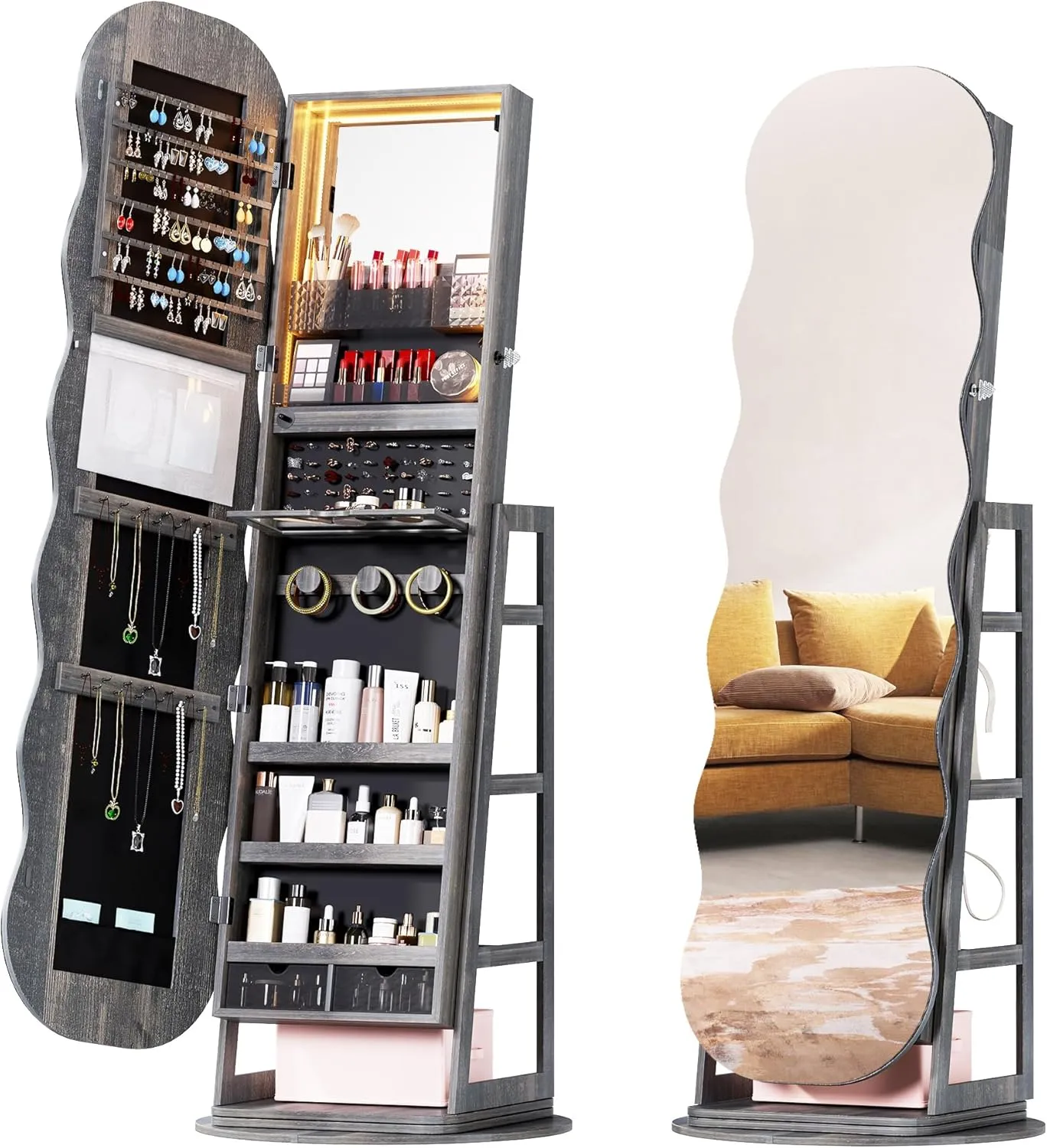 Lvifur 360 Swivel Jewelry Cabinet with Lights,LED Jewelry Organizer with Full Length Mirror, Lockable Wavy Mirror Jewelry Cabinet Standing with Rear Storage Shelves,Makeup Tray,Rustic Brown