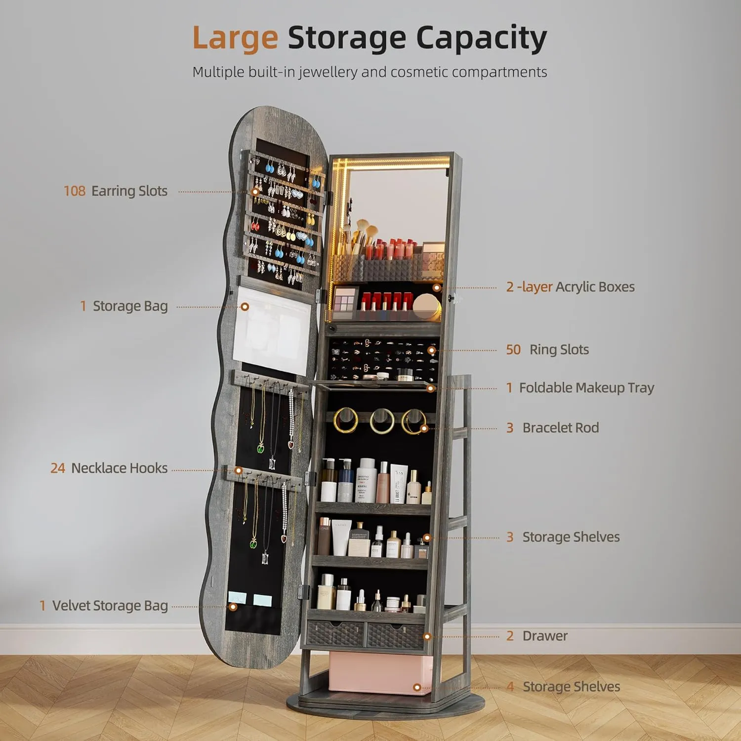 Lvifur 360 Swivel Jewelry Cabinet with Lights,LED Jewelry Organizer with Full Length Mirror, Lockable Wavy Mirror Jewelry Cabinet Standing with Rear Storage Shelves,Makeup Tray,Rustic Brown