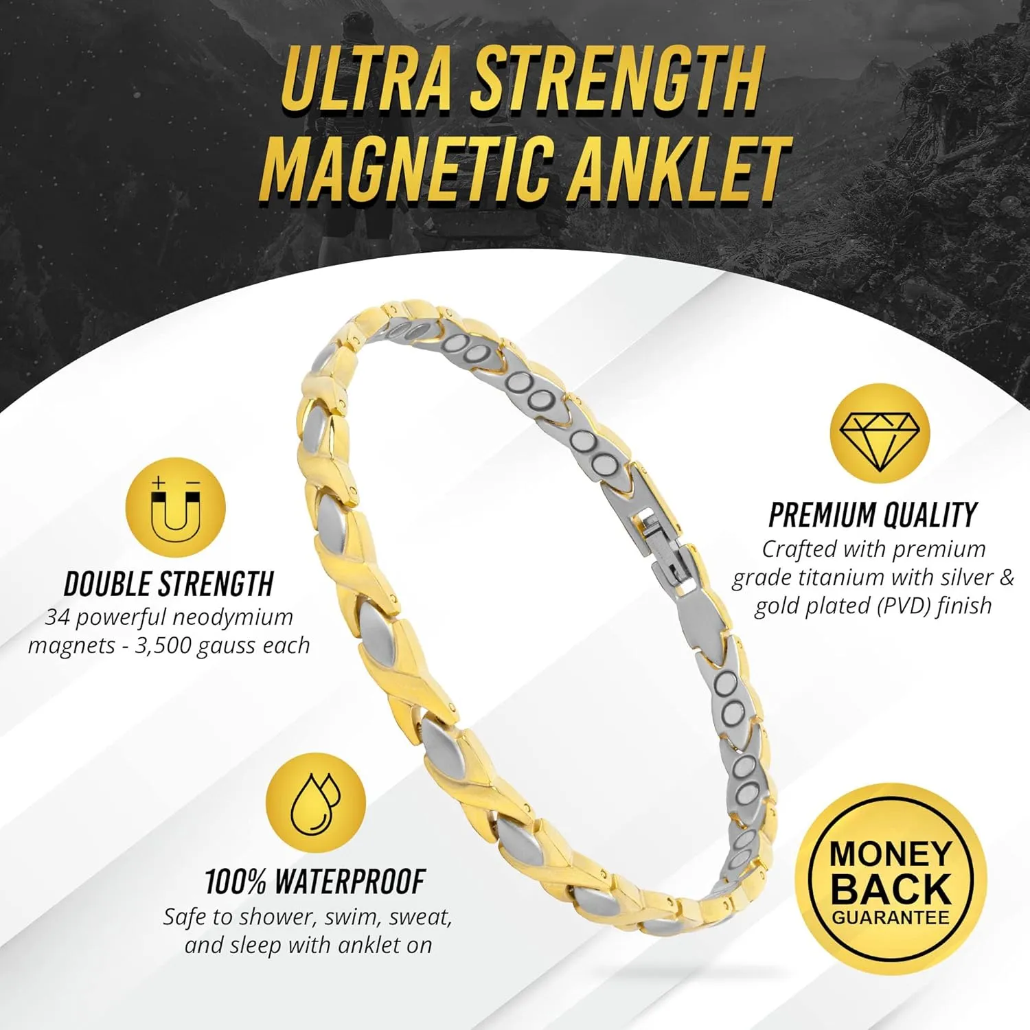 MagnetRX Titanium Magnetic Bracelet  Ultra Strength Magnets Anklet for Women (Silver & Gold)
