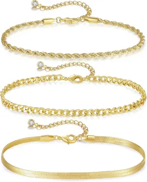 MAIBAOTA Gold Anklets for Women 14K Gold Plated Ankle Bracelets 3 Pcs Adjustable Layered Summer Beach Waterproof Anklets 8.6" 1.97" Foot Jewelry Gifts for Women