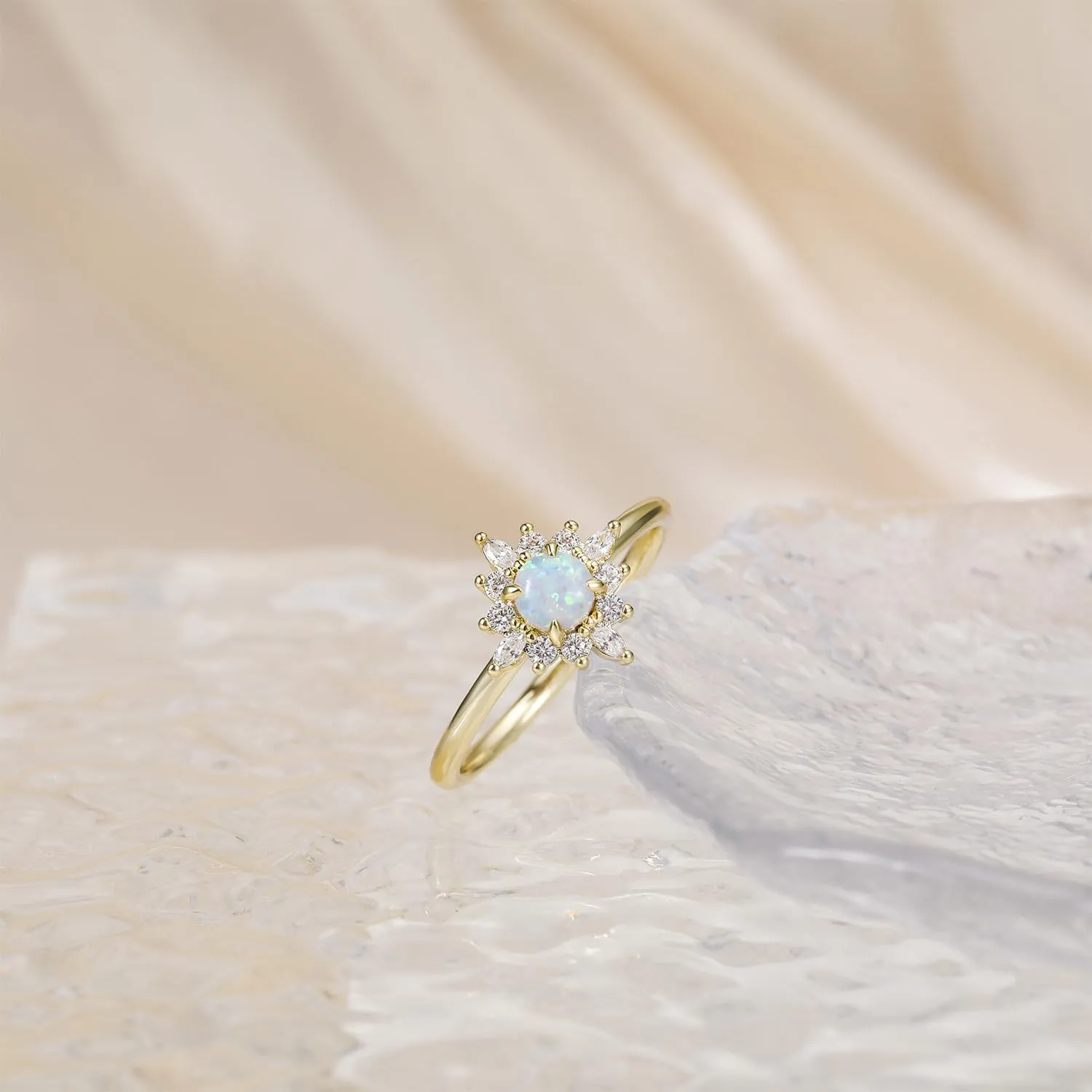 Mameloly 14K Gold Plated Created Opal Rings Round Cut Dainty Halo CZ Wedding Band Thin Stackable Cubic Zirconia Promise Engagement Ring for Women Size 4-10