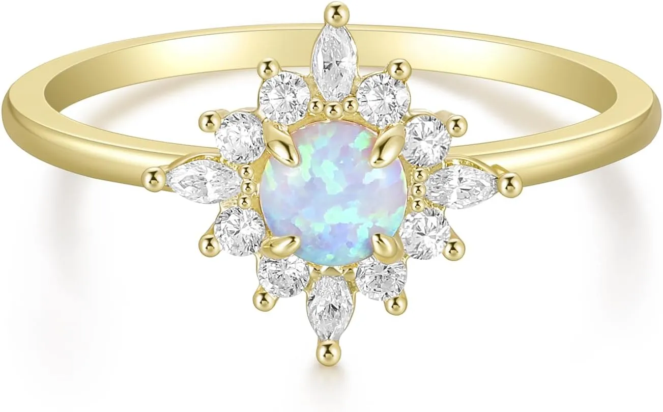 Mameloly 14K Gold Plated Created Opal Rings Round Cut Dainty Halo CZ Wedding Band Thin Stackable Cubic Zirconia Promise Engagement Ring for Women Size 4-10