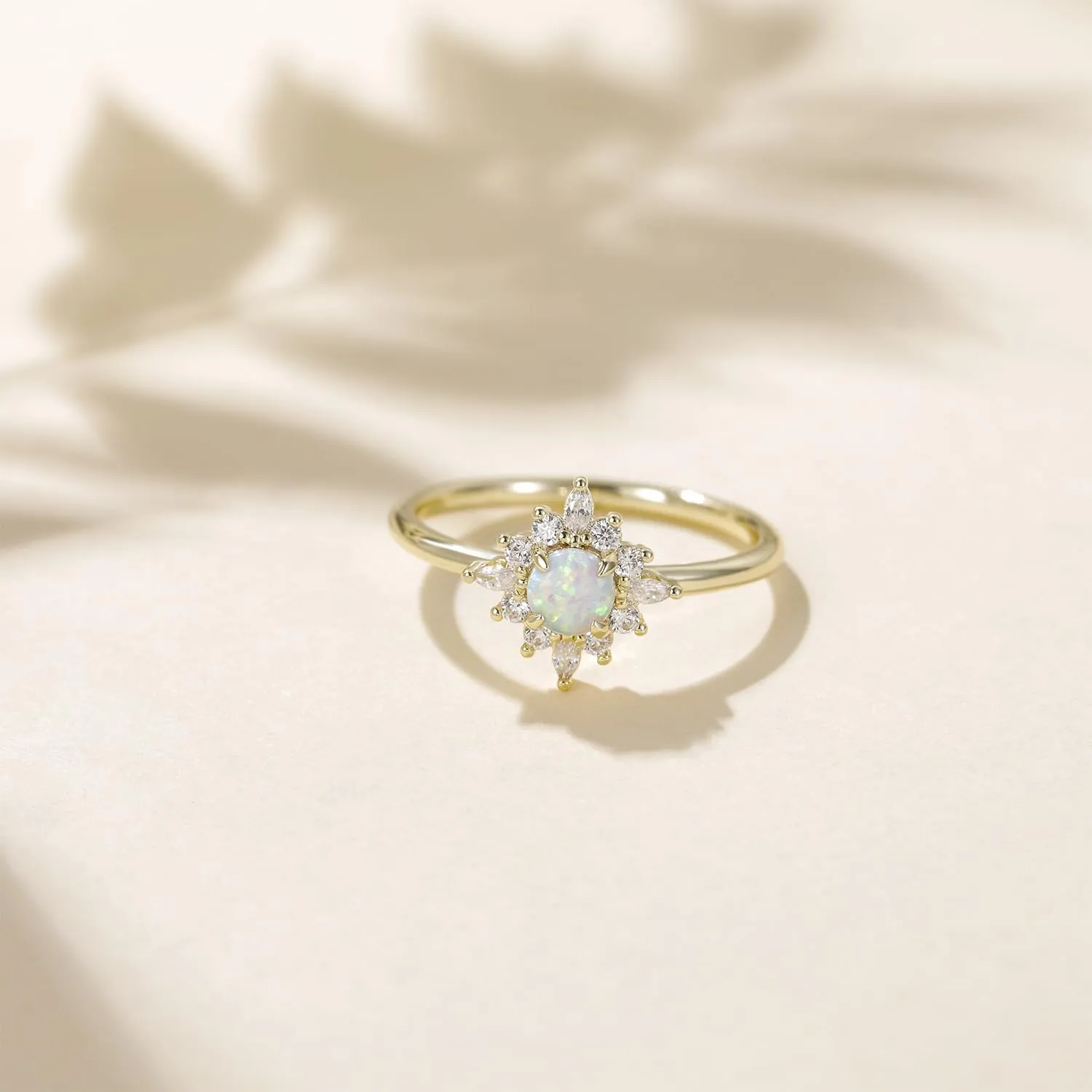 Mameloly 14K Gold Plated Created Opal Rings Round Cut Dainty Halo CZ Wedding Band Thin Stackable Cubic Zirconia Promise Engagement Ring for Women Size 4-10