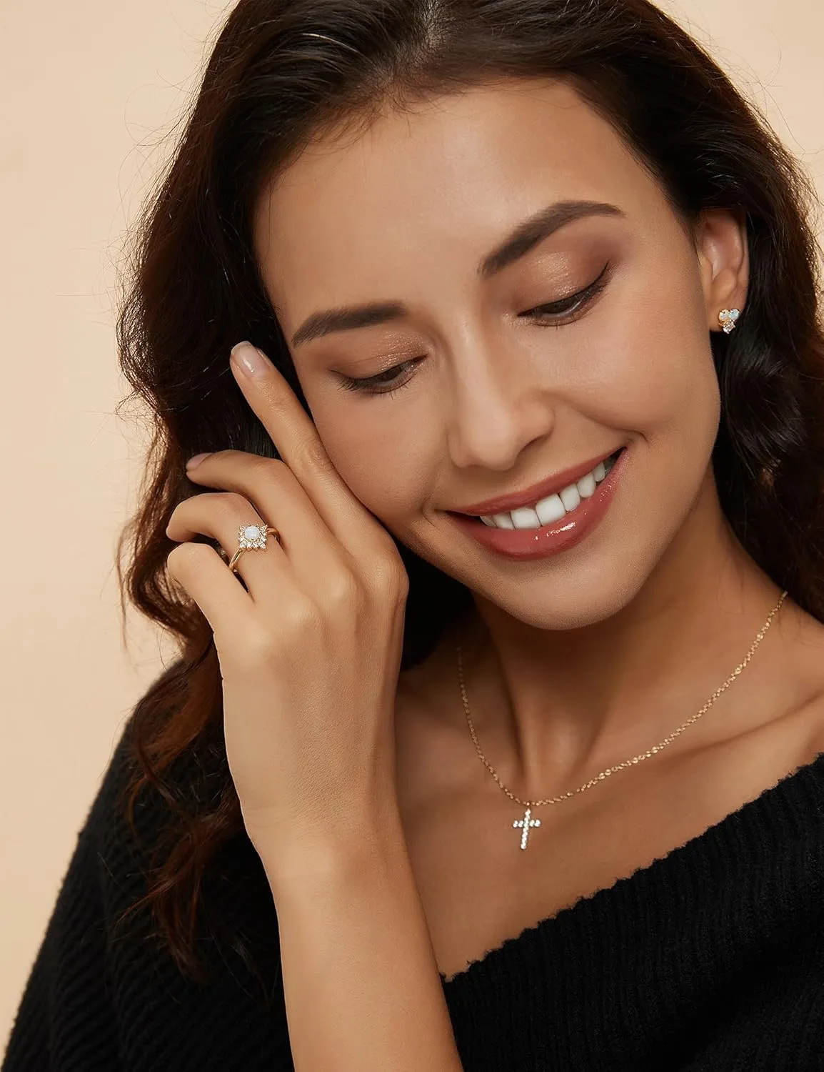 Mameloly 14K Gold Plated Created Opal Rings Round Cut Dainty Halo CZ Wedding Band Thin Stackable Cubic Zirconia Promise Engagement Ring for Women Size 4-10