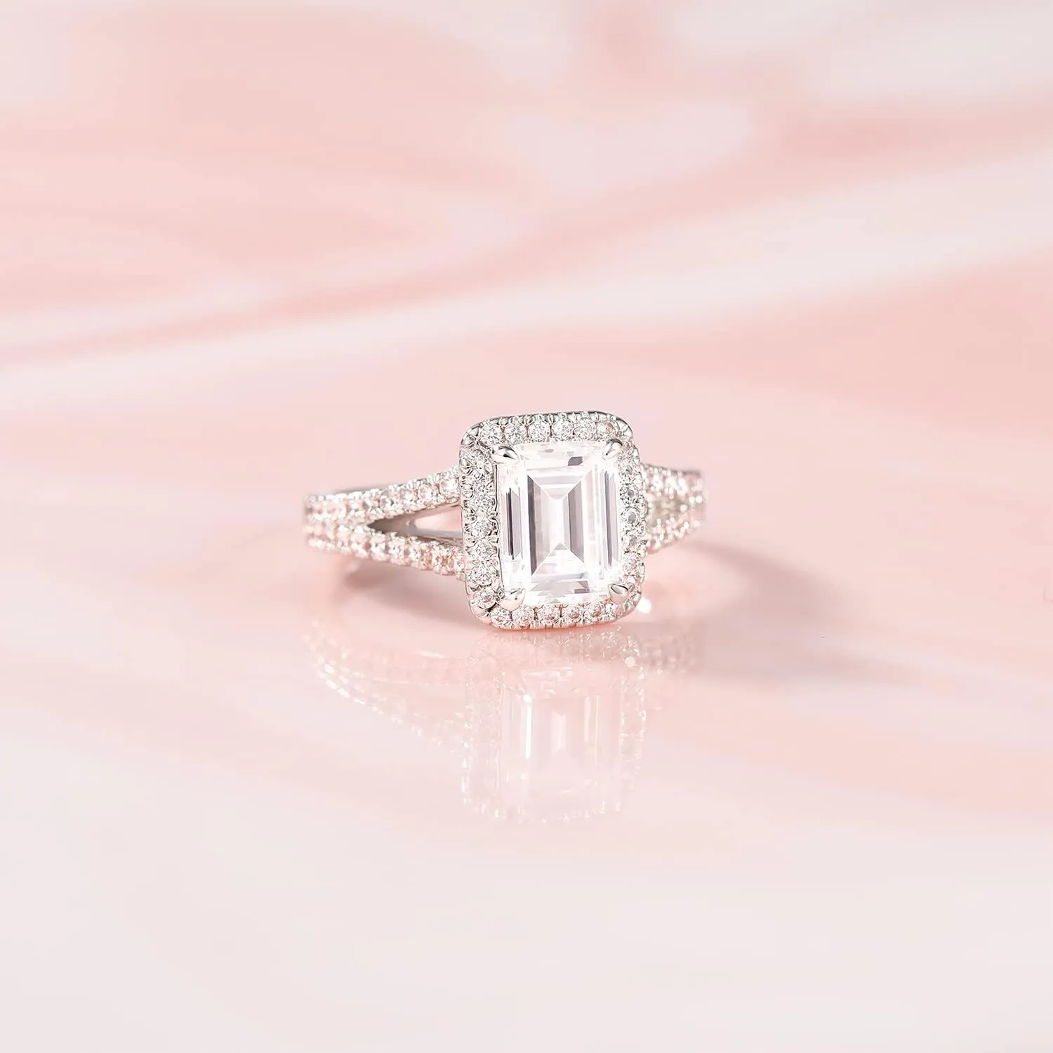 Mameloly 2CT Engagement Rings for Women Emerald Cut Cubic Zirconia Wedding Band Curved Halo Promise Rings for Her Size 4-11