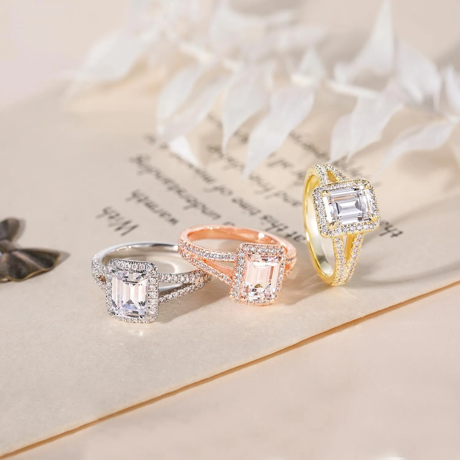 Mameloly 2CT Engagement Rings for Women Emerald Cut Cubic Zirconia Wedding Band Curved Halo Promise Rings for Her Size 4-11