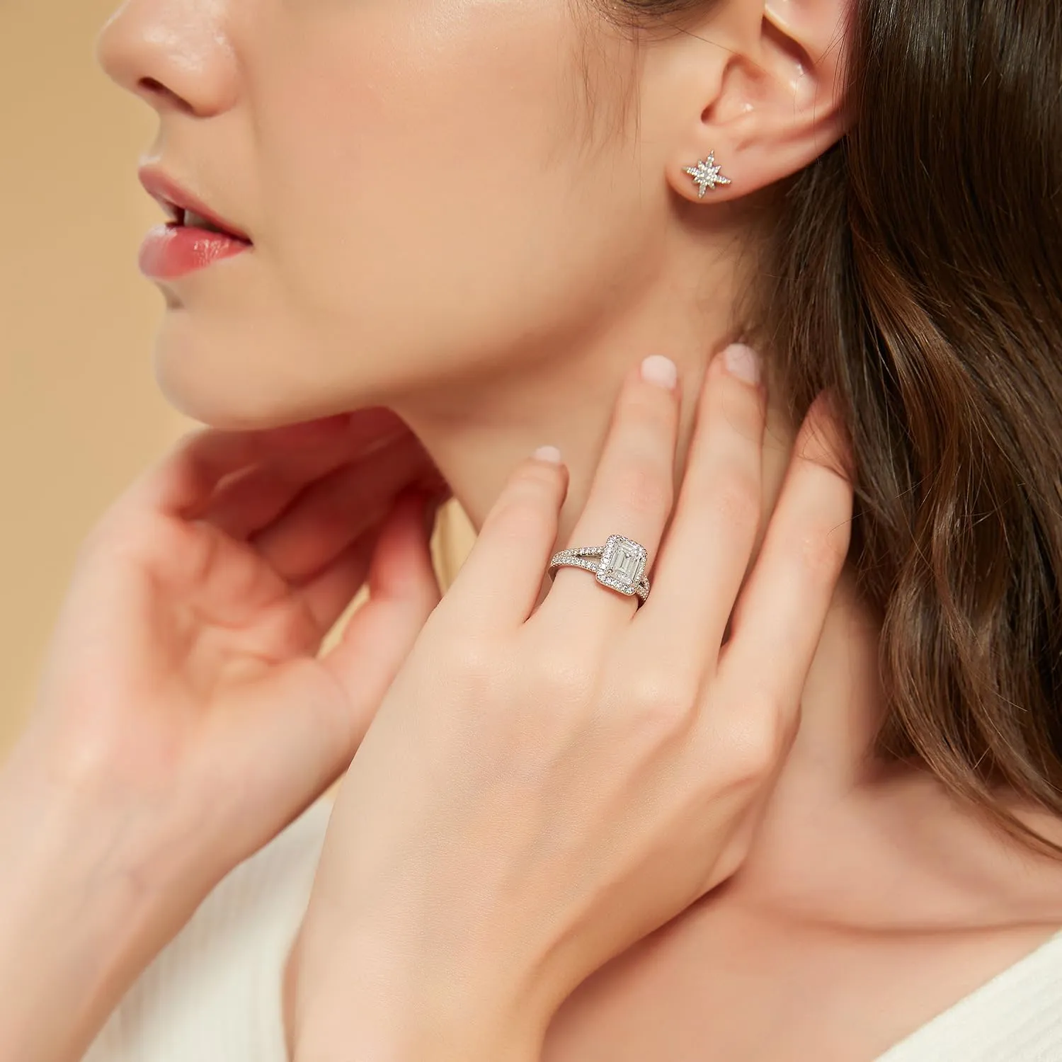 Mameloly 2CT Engagement Rings for Women Emerald Cut Cubic Zirconia Wedding Band Curved Halo Promise Rings for Her Size 4-11