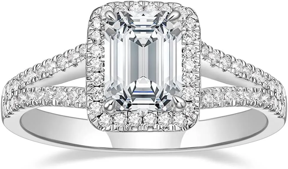 Mameloly 2CT Engagement Rings for Women Emerald Cut Cubic Zirconia Wedding Band Curved Halo Promise Rings for Her Size 4-11