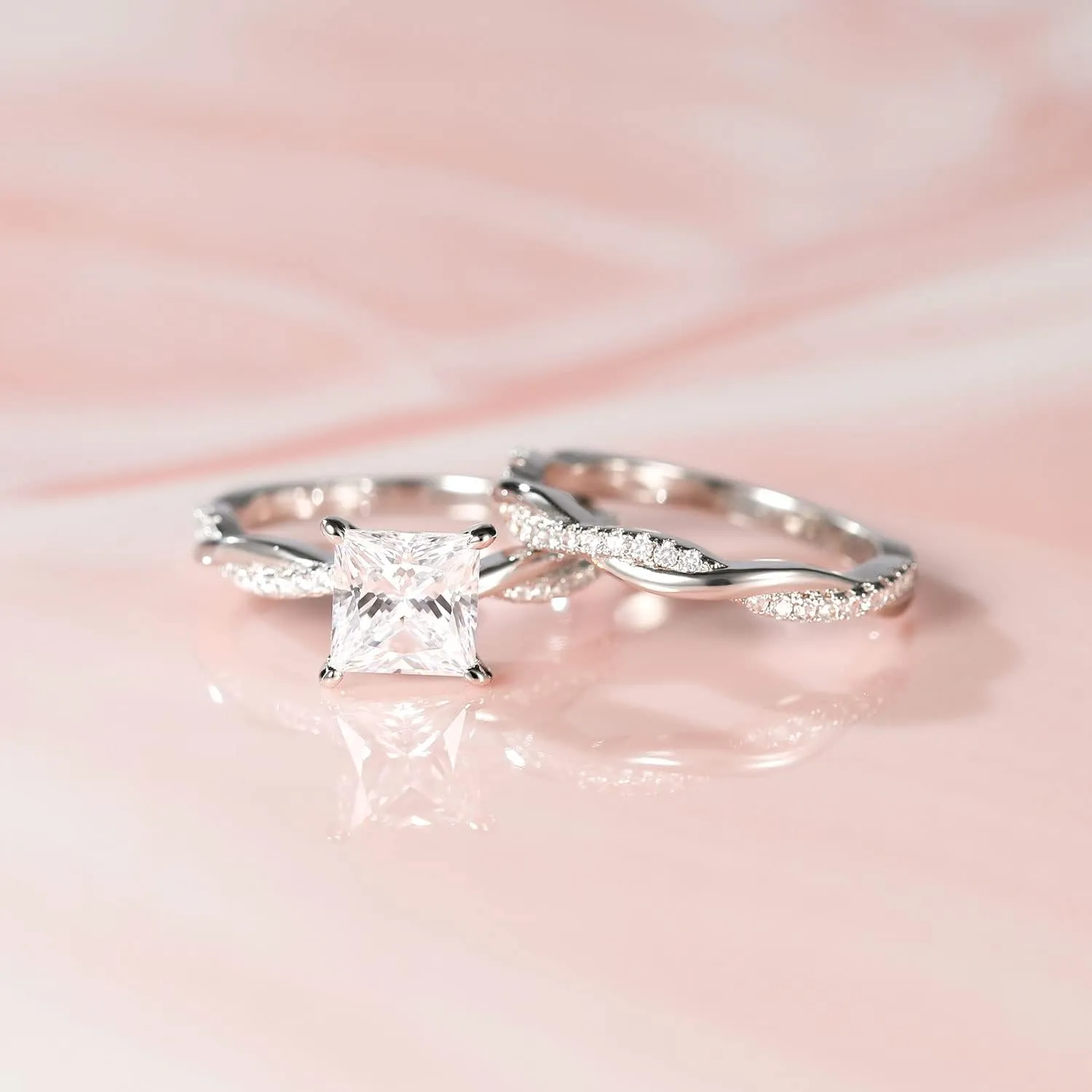Mameloly 2ct Wedding Band for Women Princess Cut Bridal Ring Sets Cubic Zirconia Promise Engagement Rings Twisting Infinity Pave Set Size 4-12