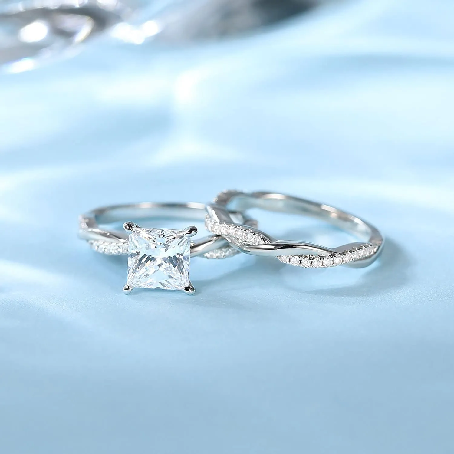 Mameloly 2ct Wedding Band for Women Princess Cut Bridal Ring Sets Cubic Zirconia Promise Engagement Rings Twisting Infinity Pave Set Size 4-12