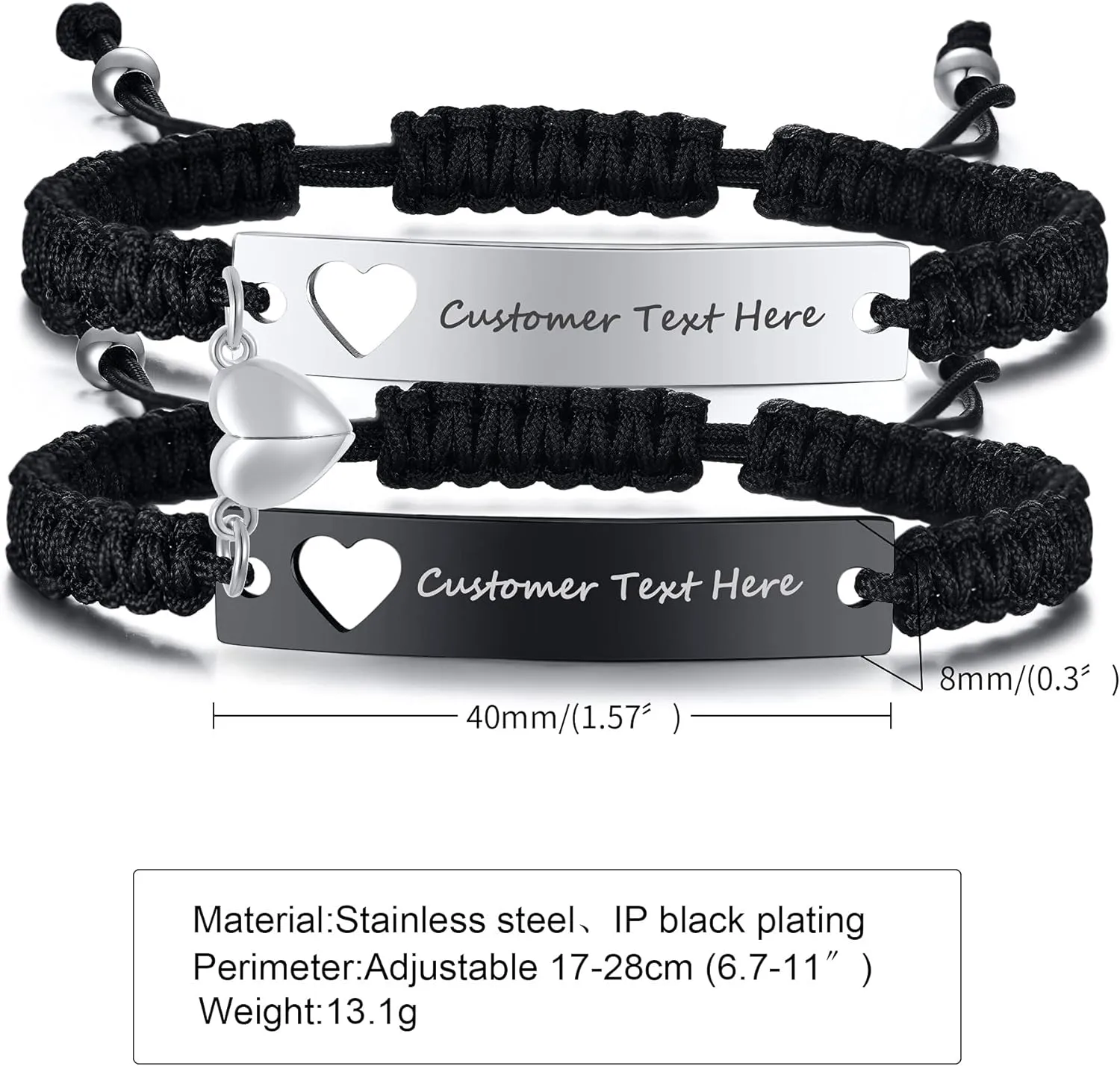 MEALGUET Personalized Stainless Steel Braided Rope Adjustable Hollow Heart Couples Bracelet Distance Matching Bracelets for him and her, His Hers Handmade Macrame Couple Lover Bracelet