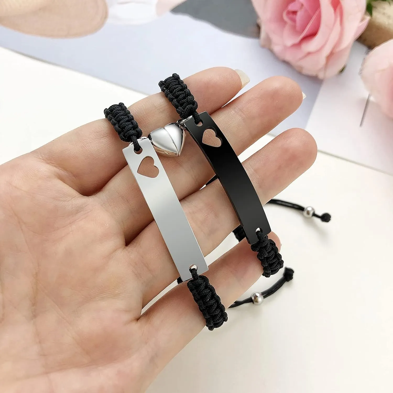 MEALGUET Personalized Stainless Steel Braided Rope Adjustable Hollow Heart Couples Bracelet Distance Matching Bracelets for him and her, His Hers Handmade Macrame Couple Lover Bracelet