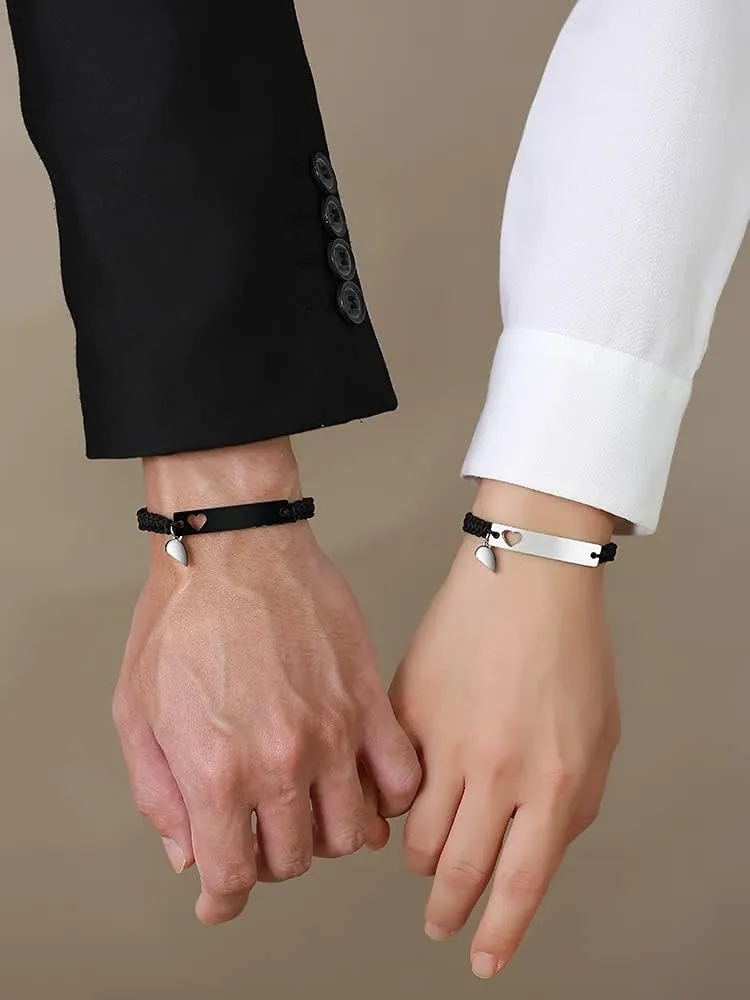 MEALGUET Personalized Stainless Steel Braided Rope Adjustable Hollow Heart Couples Bracelet Distance Matching Bracelets for him and her, His Hers Handmade Macrame Couple Lover Bracelet