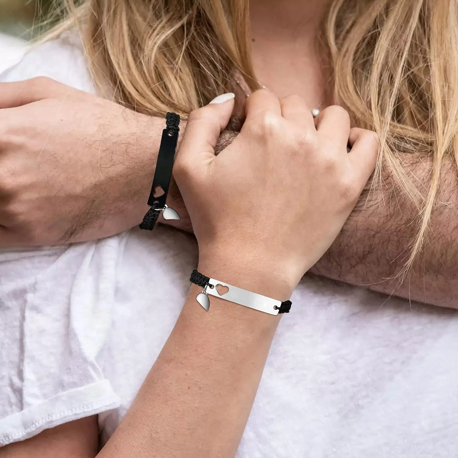 MEALGUET Personalized Stainless Steel Braided Rope Adjustable Hollow Heart Couples Bracelet Distance Matching Bracelets for him and her, His Hers Handmade Macrame Couple Lover Bracelet