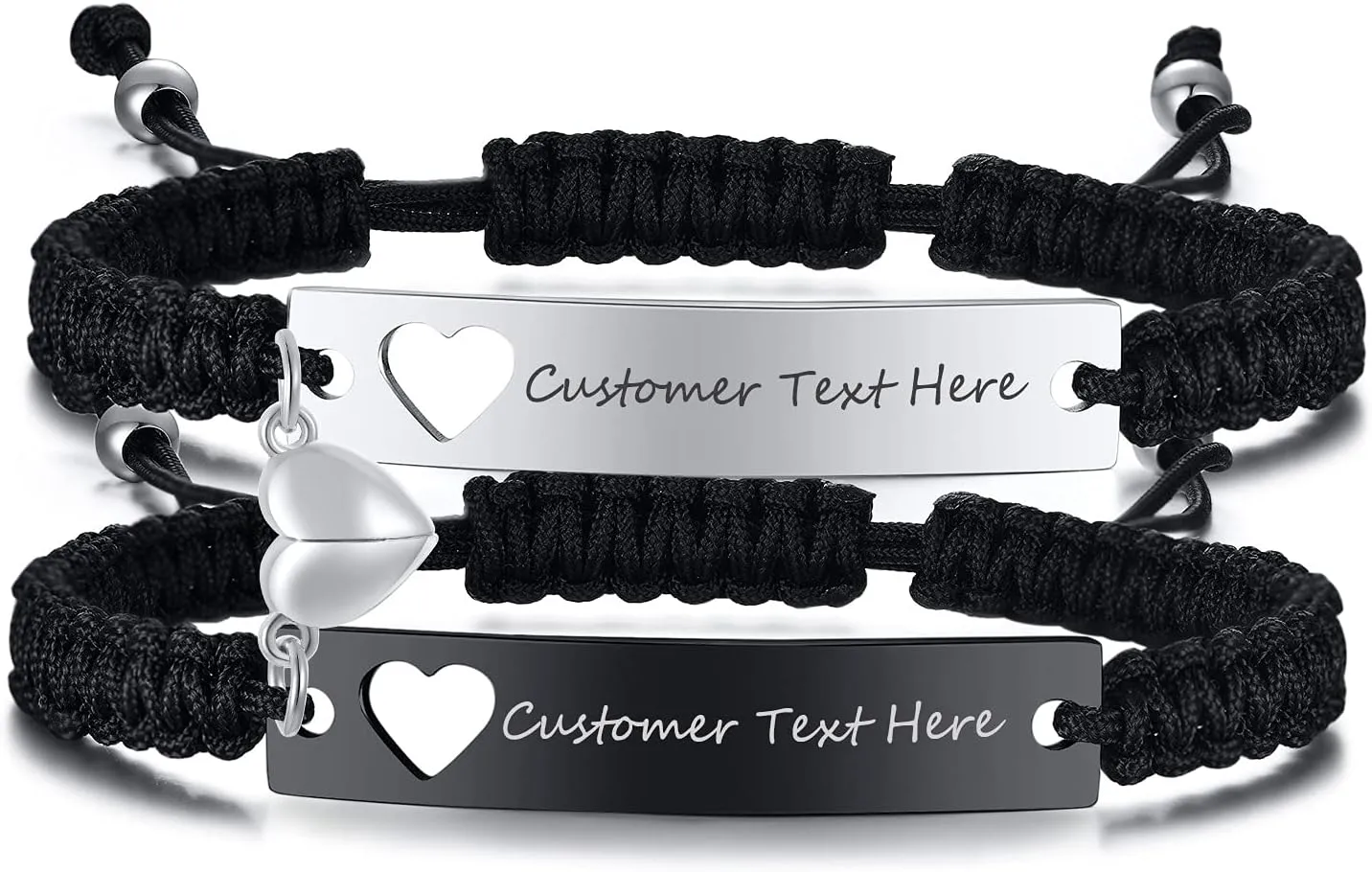 MEALGUET Personalized Stainless Steel Braided Rope Adjustable Hollow Heart Couples Bracelet Distance Matching Bracelets for him and her, His Hers Handmade Macrame Couple Lover Bracelet