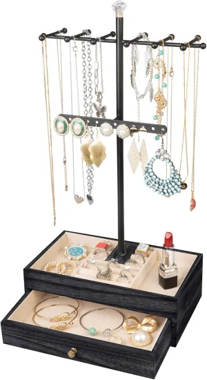 Meangood Jewelry Organizer Stand, 3-Tier Necklace Holder Jewelry Tree with Wooden Storage Drawer Box for Necklace Bracelet Earring Ring,Black