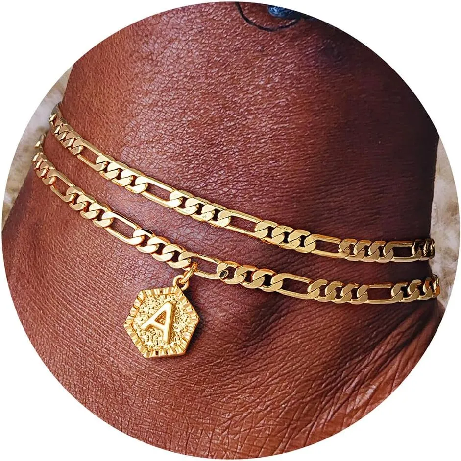 Memorjew Initial Ankle Bracelets for Women, 14K Gold Plated Double Layered Initial Anklets Jewelry for Women