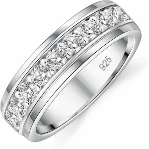 Mens Moissanite Wedding Band 925 Sterling Silver Rings For Men 14K White Gold Plated 1ct D Color VVS1 Clarity Brilliant Lab Created Stone 9 Round Cut Engagement Rings For Him Size 7-14