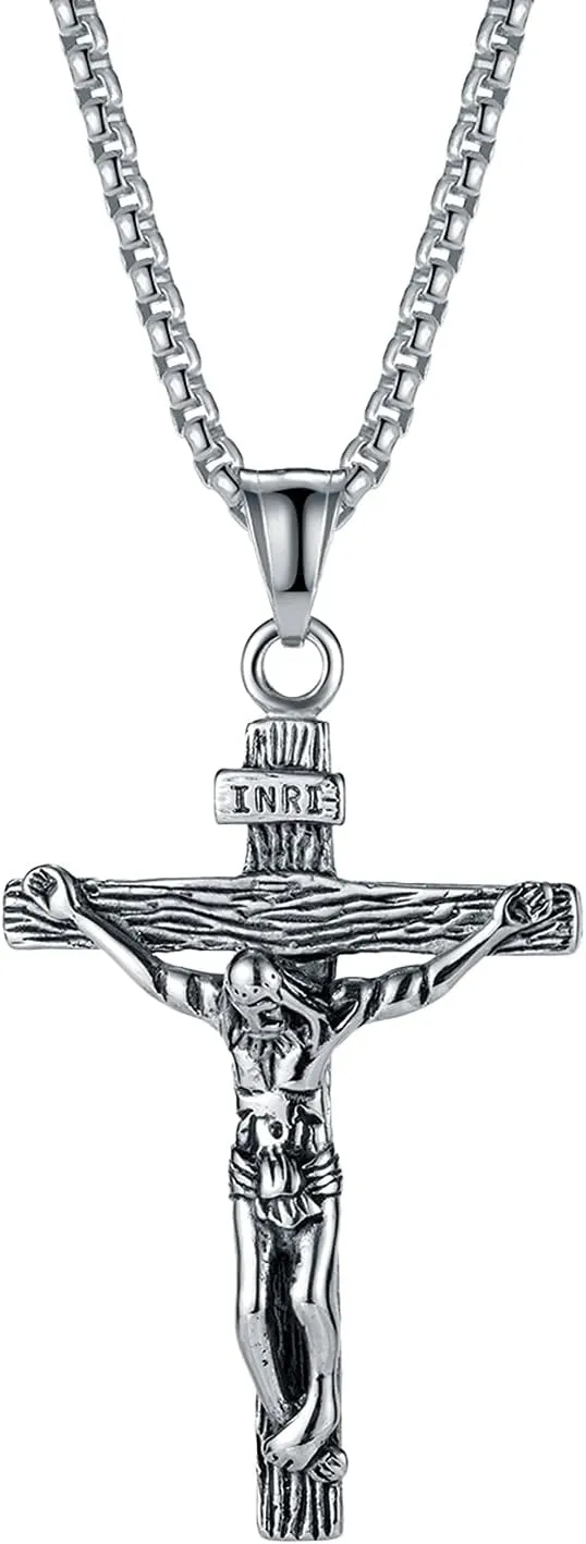 Mens Stainless Steel Jesus Christ Crucifix Cross Pendant Necklace For Men | Impressive | Jewelry Collection | Birthday Gift | Trendy Gifts | Personalized Gift ID,Pendant Chain or for Men |Gentleman