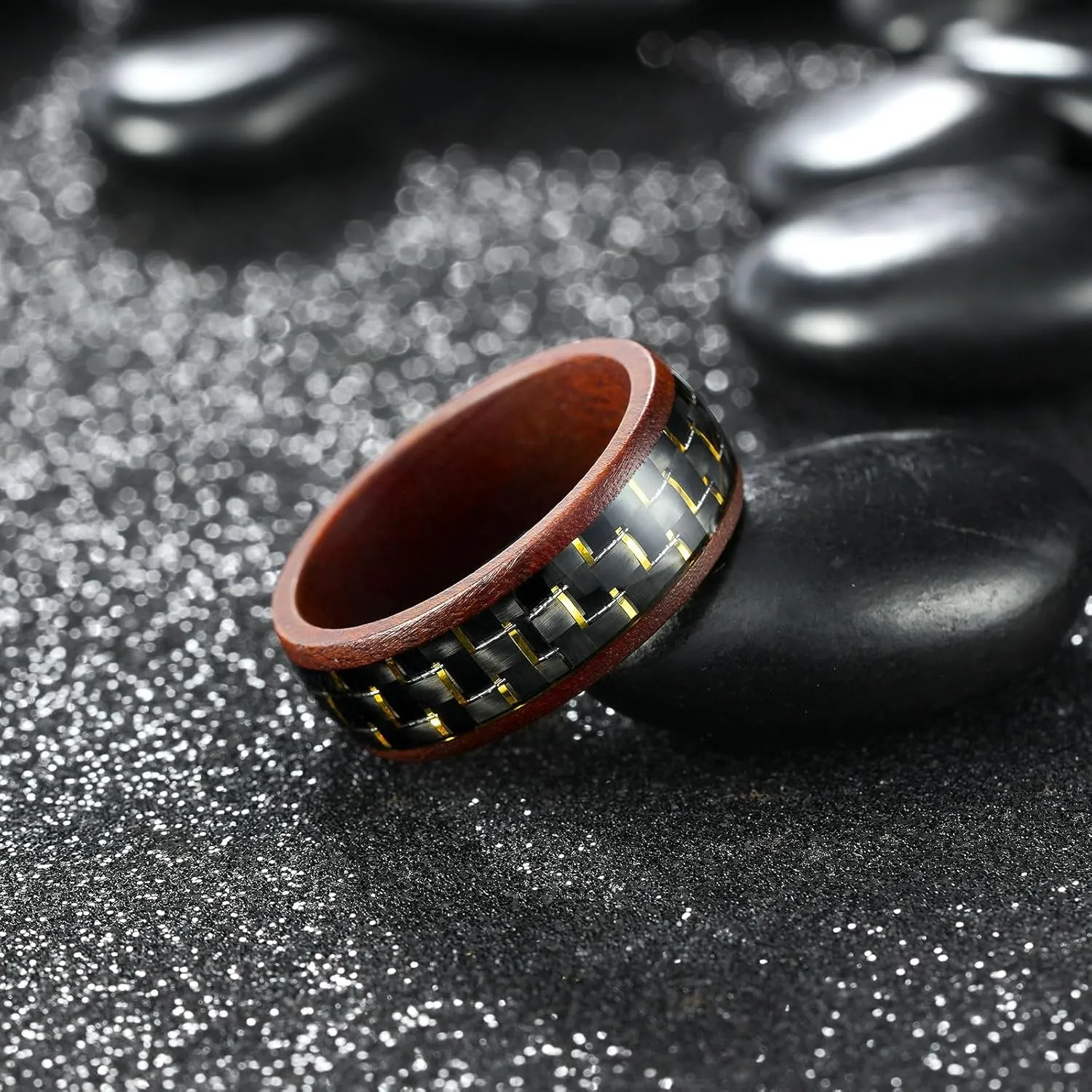 Men's Wooden Wedding Band - 6mm/8mm Acacia/Sandal/Barrel Wood Wedding Ring with Black/Sliver/Rose Gold Pattern Inlay, Wood Ring for Men Comfort Fit Size 9-11