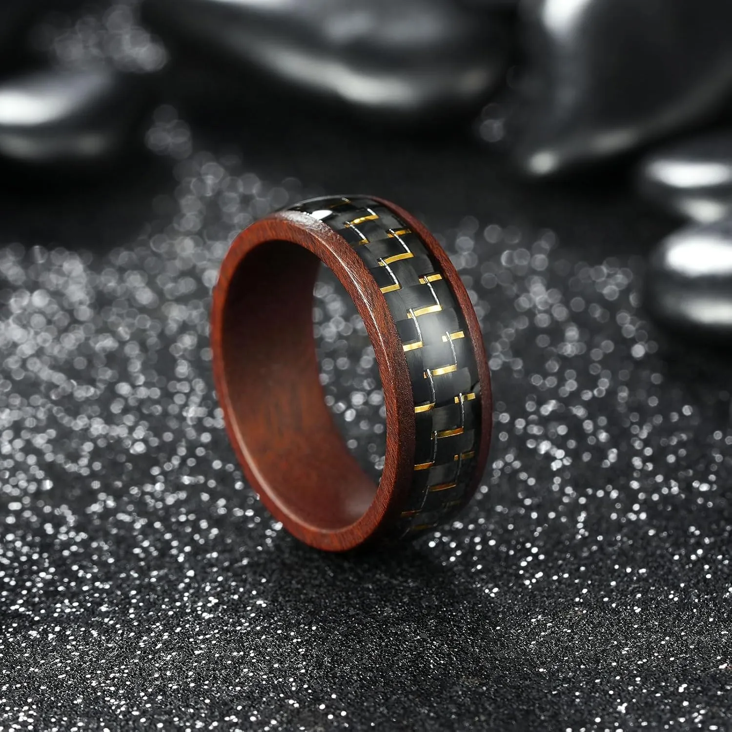 Men's Wooden Wedding Band - 6mm/8mm Acacia/Sandal/Barrel Wood Wedding Ring with Black/Sliver/Rose Gold Pattern Inlay, Wood Ring for Men Comfort Fit Size 9-11