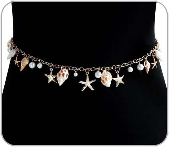 Mermaids Starfish Pearl Waist Chain Belt for Women Mermaids Gold Starfish Shell Belly Waterproof Body Chain Pirate Costume Women(style1)
