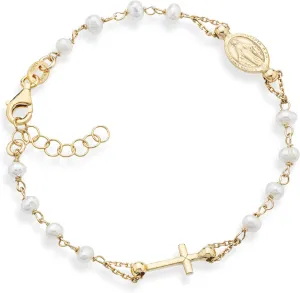 Miabella 18K Gold over 925 Sterling Silver Handmade Italian 3.5-4mm White Cultured Freshwater Pearl Rosary Cross Charm Bead Bracelet for Women, Adjustable Link Chain, 925 Italy