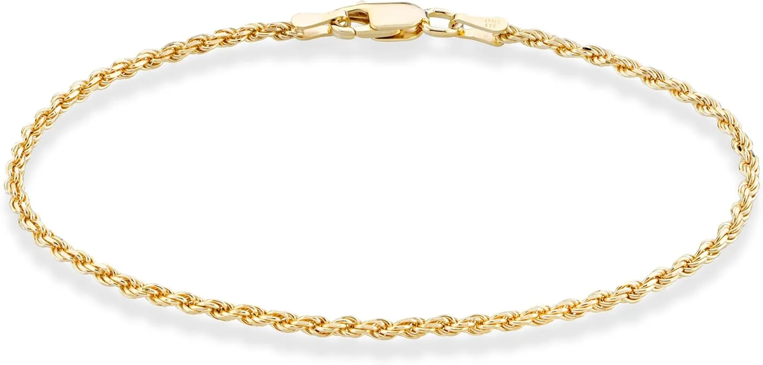 Miabella 18K Gold Over Sterling Silver Italian 2mm, 3mm Diamond-Cut Braided Rope Chain Bracelet for Men Women, Solid 925 Made in Italy