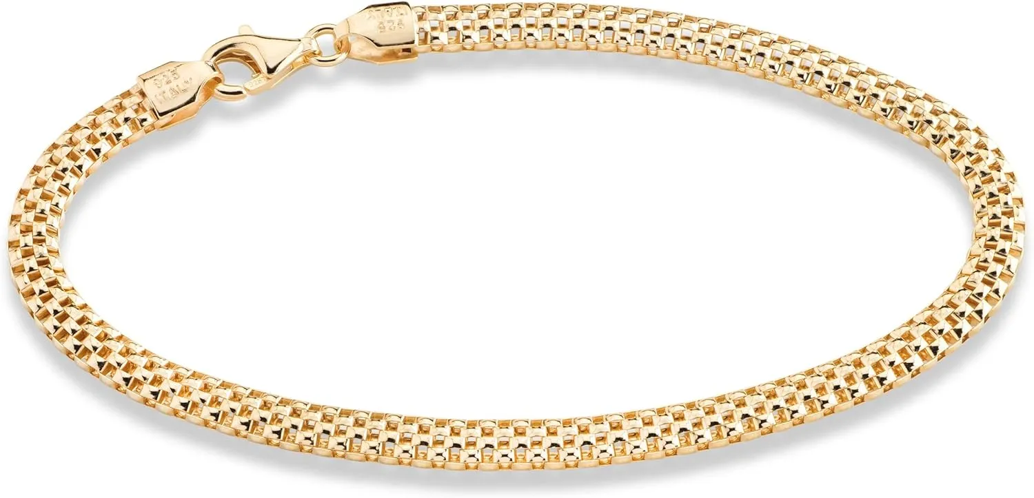 Miabella 18K Gold Over Sterling Silver Italian 4mm Mesh Link Chain Bracelet for Women 925 Italy