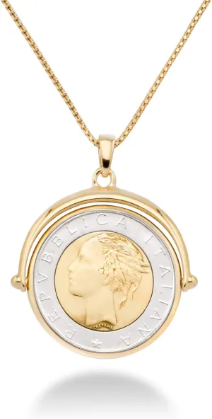 Miabella Italian 18K Gold Over 925 Sterling Silver Genuine 500-Lira Reversible Flip Coin Pendant Chain Necklace for Women, Made in Italy