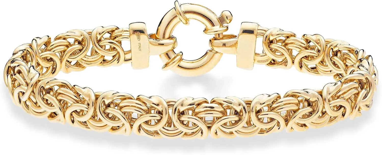Miabella Italian 925 Sterling Silver, 18Kt Gold Plated 9mm Byzantine Bracelet for Women, Handmade in Italy