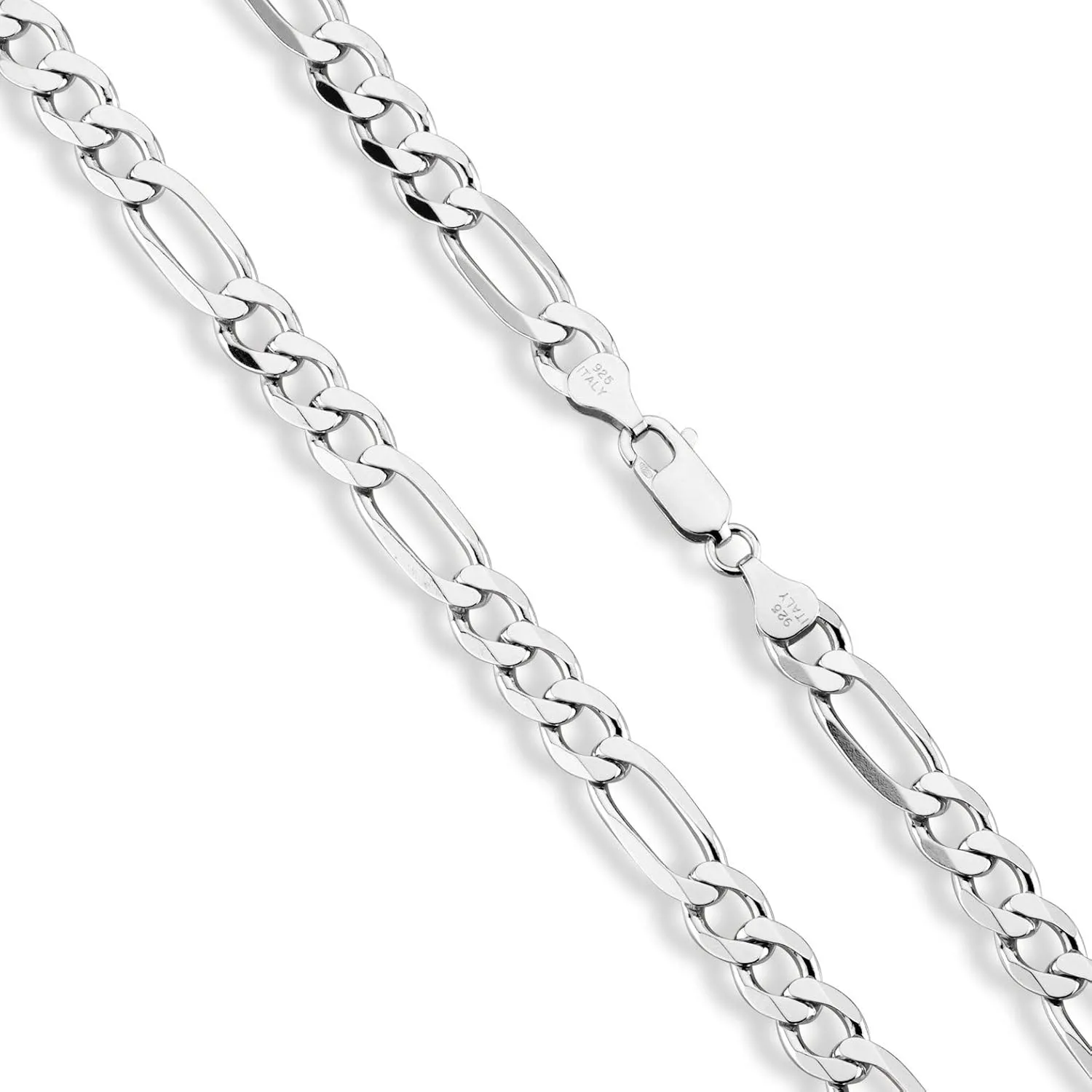 Miabella Italian 925 Sterling Silver 7mm Solid Diamond-Cut Figaro Link Chain Necklace for Men, Made in Italy