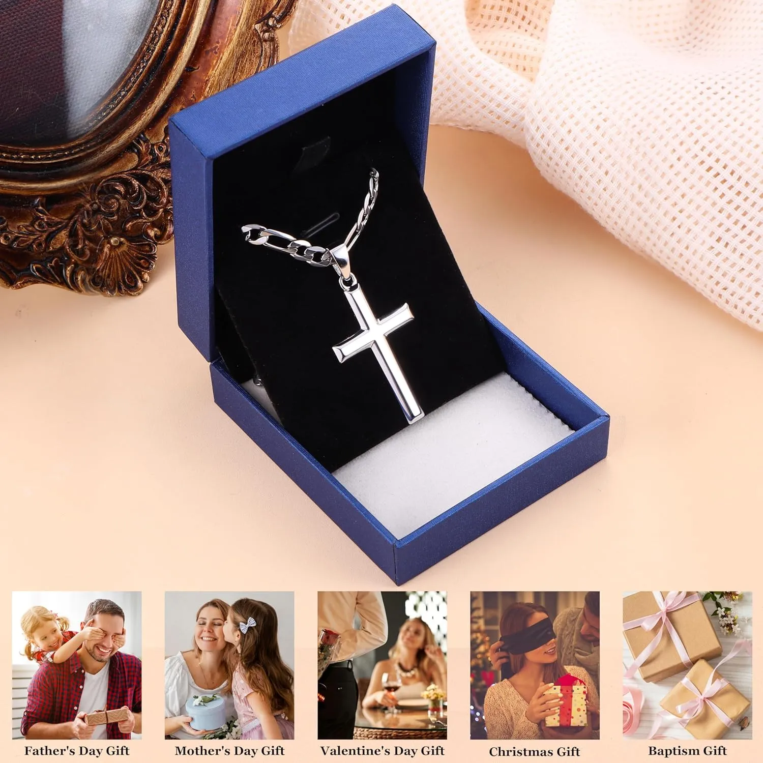MILACOLATO 925 Sterling Silver Cross Necklace for Men Women, 5mm Stainless Steel Diamond-Cut Durable Figaro Link Chain or Cuban Link Curb Chain for Men, Mens Silver Crucifix Cross Pendant Necklaces Jewelry 16-30 Inches