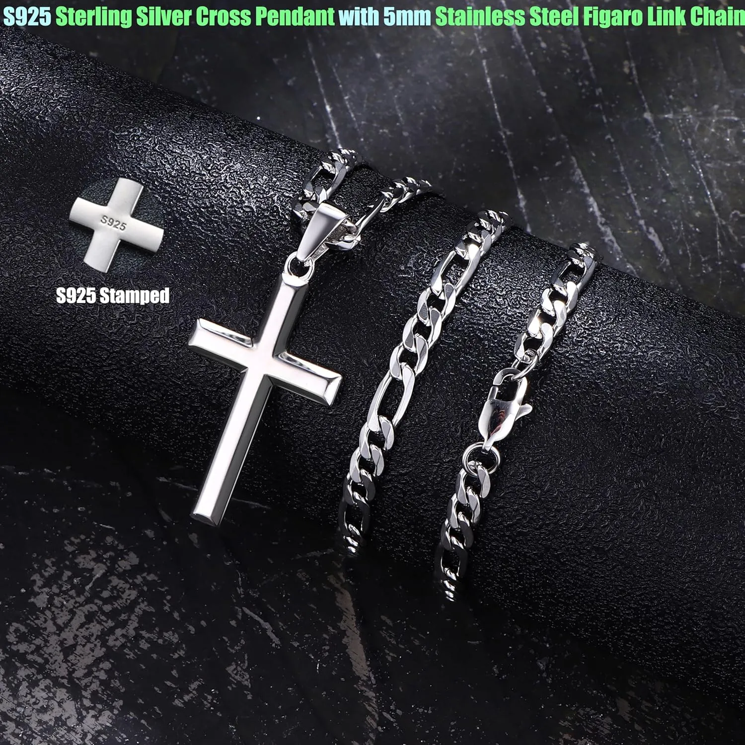 MILACOLATO 925 Sterling Silver Cross Necklace for Men Women, 5mm Stainless Steel Diamond-Cut Durable Figaro Link Chain or Cuban Link Curb Chain for Men, Mens Silver Crucifix Cross Pendant Necklaces Jewelry 16-30 Inches
