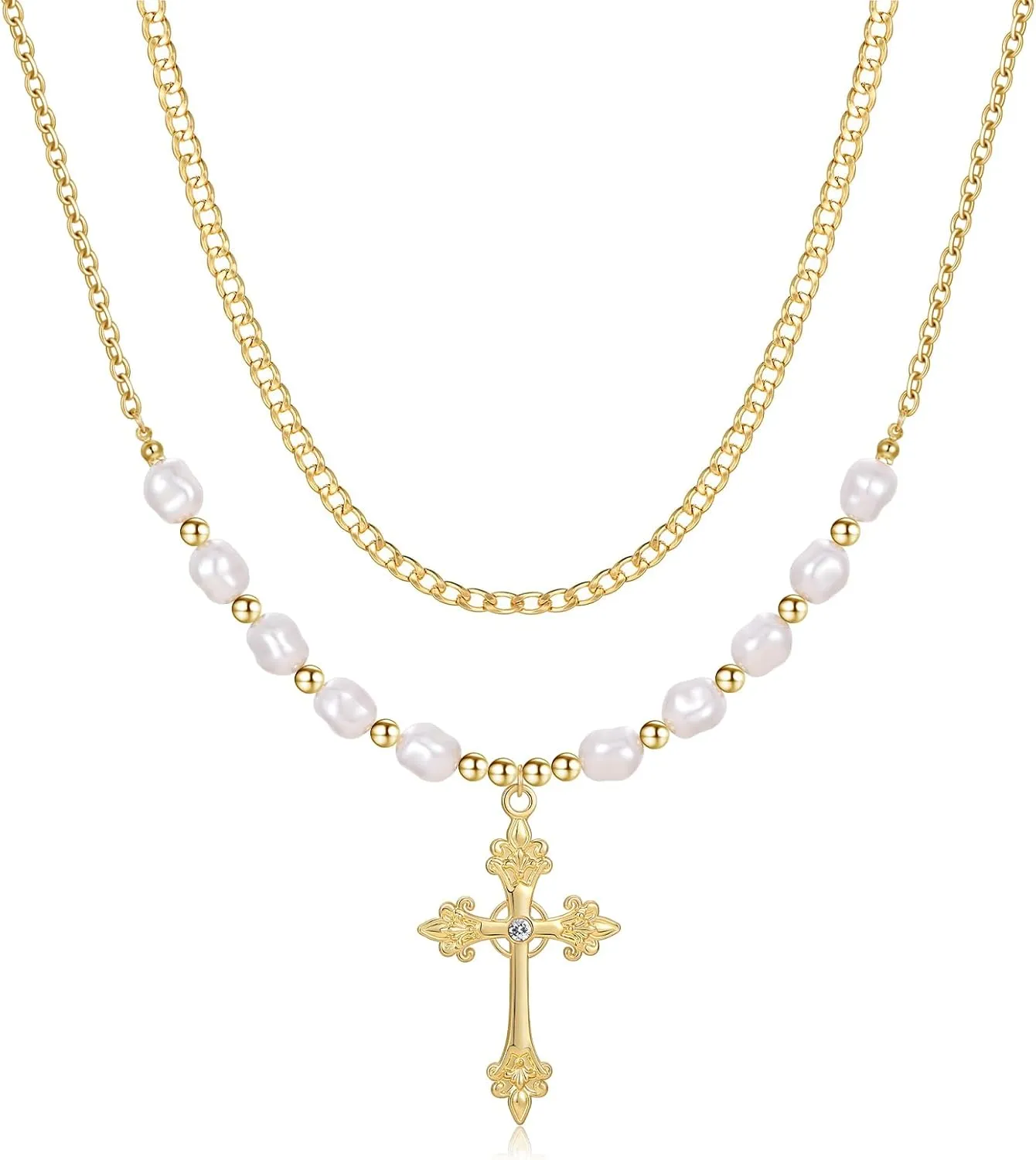 MJartoria Layered Faux Pearl Cross Necklace Statement Necklace for Women Dainty Chain Choker Necklace Party Wedding Jewelry Set Gifts