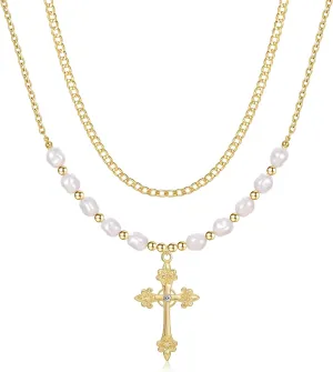 MJartoria Layered Faux Pearl Cross Necklace Statement Necklace for Women Dainty Chain Choker Necklace Party Wedding Jewelry Set Gifts
