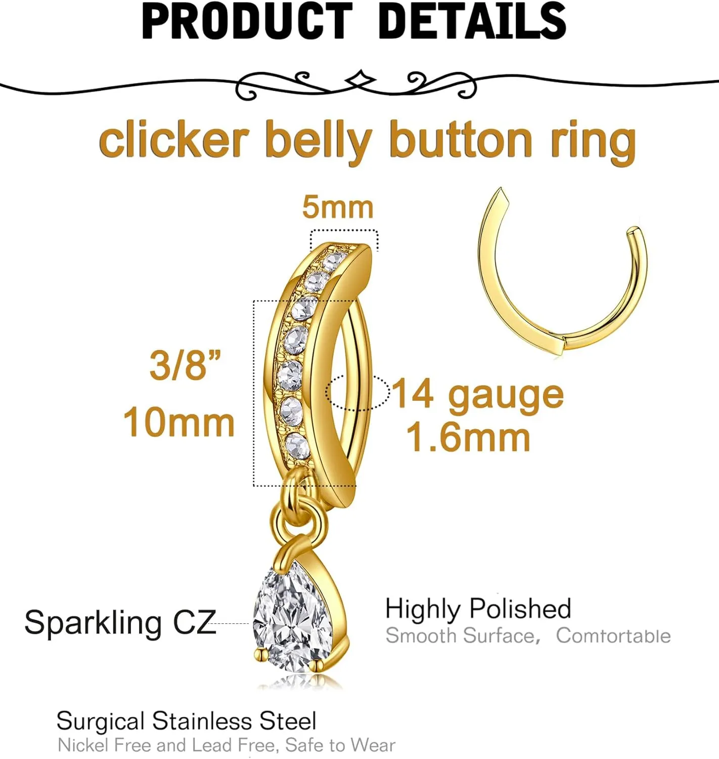 MODRSA Belly Button Ring Belly Rings Surgical Steel Belly Button Ring Hypoallergenic Clicker Belly Button Ring Navel Rings for Women