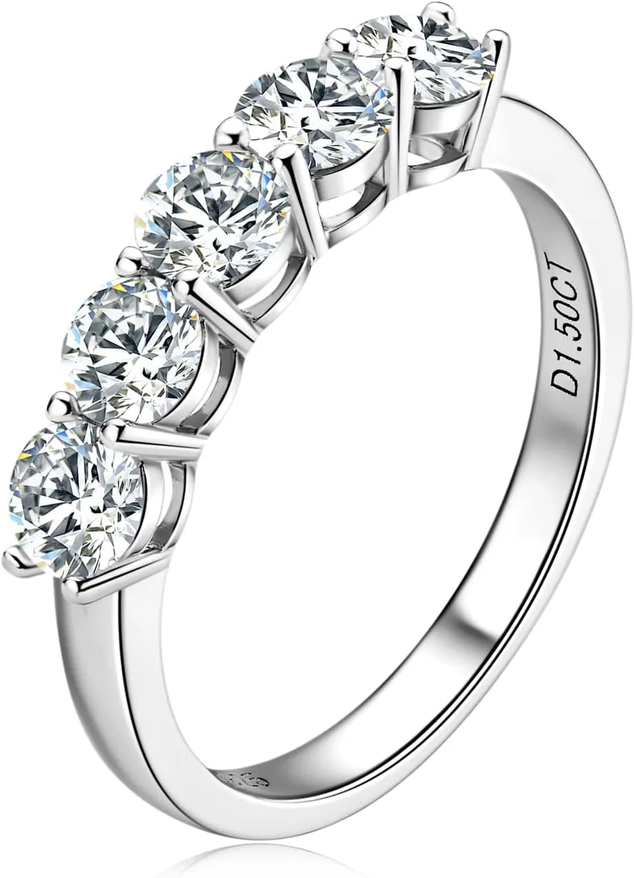Moissanite 5-Stone Half Eternity Band, 925 Sterling Silver Ladies Wedding Rings D Color VVS1 Clarity Brilliant Round Cut Lab Created Imitation Diamond Jewelry Engagement Anniversary for Women Size 9