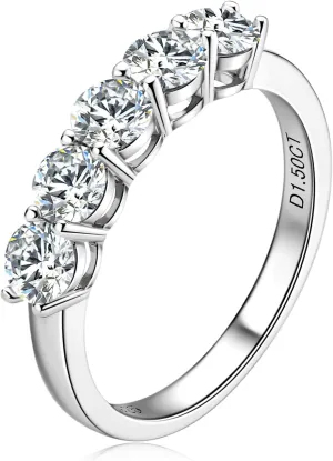 Moissanite 5-Stone Half Eternity Band, 925 Sterling Silver Ladies Wedding Rings D Color VVS1 Clarity Brilliant Round Cut Lab Created Imitation Diamond Jewelry Engagement Anniversary for Women Size 9