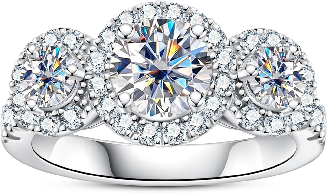 Moissanite Engagement Rings 1.4-2.2cttw D Color VVS1 Clarity Round Brilliant Cut 925 Sterling Silver 3 Stones Anniversary Promise Wedding Rings for Women with Certificate