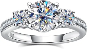 Moissanite Engagement Rings 1.4-2.2cttw D Color VVS1 Clarity Round Brilliant Cut 925 Sterling Silver 3 Stones Anniversary Promise Wedding Rings for Women with Certificate