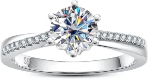 Moissanite Engagement Rings 1ct D Color VVS1 Clarity Round Brilliant Cut S925 Sterling Silver 6 Prong Solitaire Stackable Promise Rings for Women with Certificate