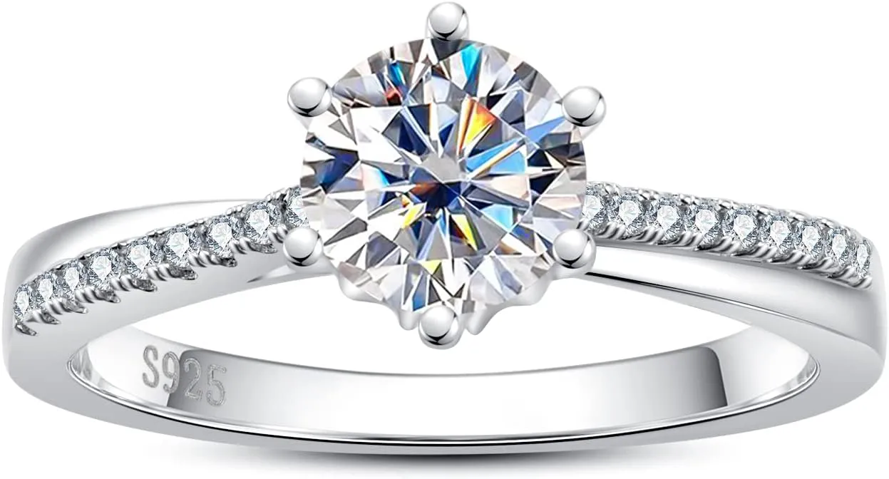 Moissanite Engagement Rings 1ct D Color VVS1 Clarity Round Brilliant Cut S925 Sterling Silver 6 Prong Solitaire Stackable Promise Rings for Women with Certificate