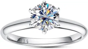 Moissanite Ring, 0.5/1/1.5/2/2.5/3CT Round Brilliant Cut Six Prong Solitaire Gold Plated 925 Sterling Silver Engagement Promise Wedding Rings for Women with Certificate
