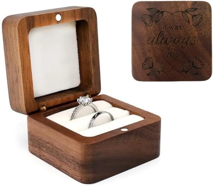 molchagar Wooden Ring Box for Wedding Ceremony, Rustic Ring Holder for Proposal, Engagement, Anniversary, Flora Engraved Jewelry Gift Box for lover's Birthday