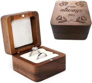 molchagar Wooden Ring Box for Wedding Ceremony, Rustic Ring Holder for Proposal, Engagement, Anniversary, Flora Engraved Jewelry Gift Box for lover's Birthday