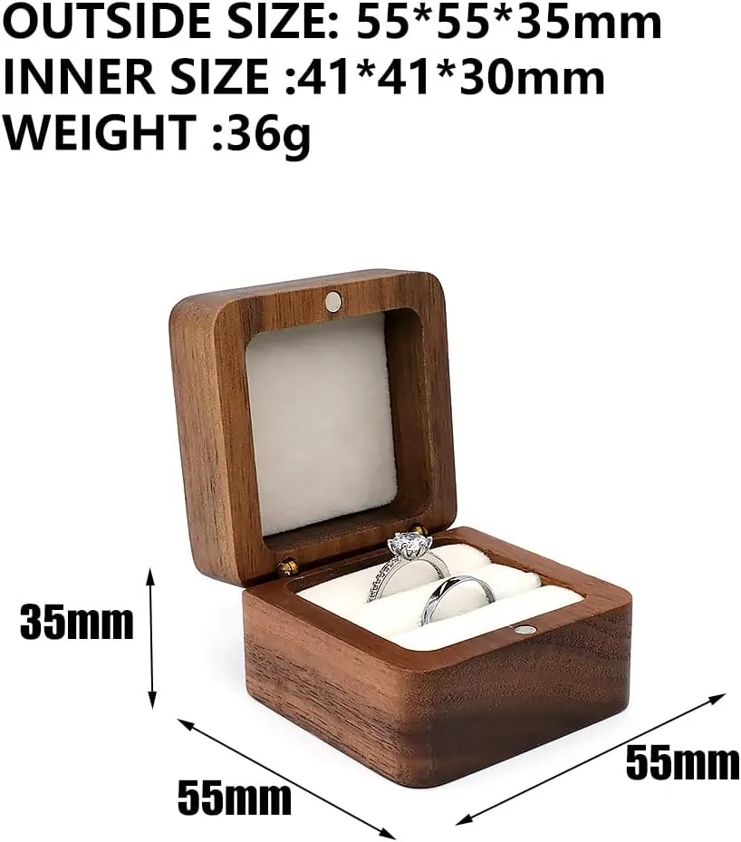molchagar Wooden Ring Box for Wedding Ceremony, Rustic Ring Holder for Proposal, Engagement, Anniversary, Flora Engraved Jewelry Gift Box for lover's Birthday