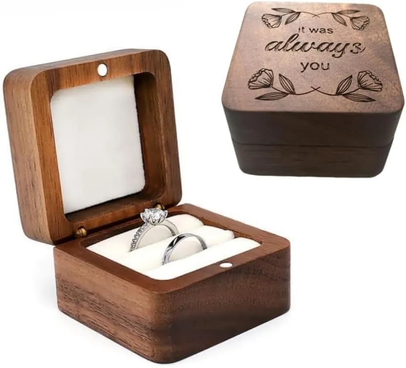 molchagar Wooden Ring Box for Wedding Ceremony, Rustic Ring Holder for Proposal, Engagement, Anniversary, Flora Engraved Jewelry Gift Box for lover's Birthday
