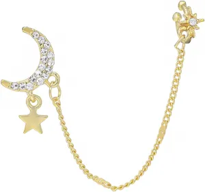 Moon Star Chain Cuff Earrings Asymmetric Celestial Ear Clip Star Dangle Cartilage Hoop Earrings Northstar Ear Cuff Moon Pendant Drop Earrings Jewelry for Women
